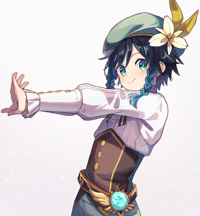 1boy androgynous bangs beret black_hair blue_hair blush bow braid closed_mouth commentary_request corset flower frilled_sleeves frills from_side genshin_impact gradient_hair green_eyes green_headwear hat hat_flower highres leaf long_sleeves looking_at_viewer male_focus multicolored_hair shirt short_hair_with_long_locks simple_background smile solo stretch symbol_commentary tamakibi twin_braids venti_(genshin_impact) vision_(genshin_impact) white_background white_flower white_shirt