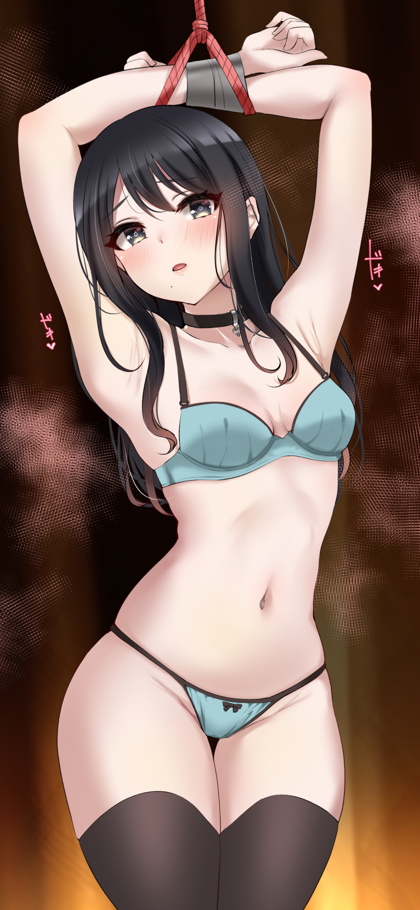 1girl absurdres arms_up bangs black_hair black_legwear bound bound_wrists brown_background choker cowboy_shot highres idolmaster idolmaster_shiny_colors kazano_hiori long_hair mole mole_under_mouth murabito_c navel open_mouth simple_background solo thigh-highs underwear yellow_eyes