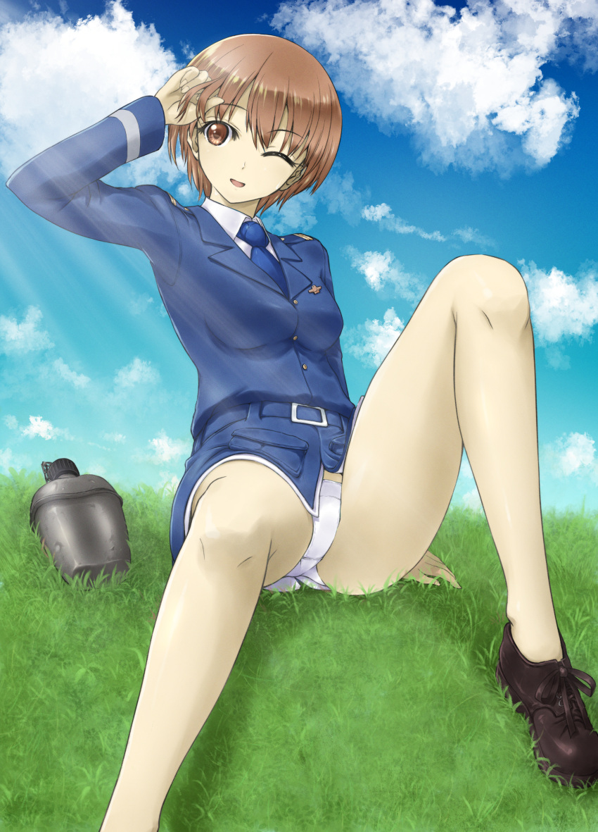 1girl 506th_joint_fighter_wing absurdres arm_support belt blue_belt blue_neckwear blue_sky breasts brown_eyes brown_hair canteen clouds garrison_cap grass hand_in_hair hat highres hill jennifer_j_deblanc knee_up medium_breasts memory_(prophet5) military military_uniform necktie noble_witches one_eye_closed panties pantyshot short_hair sky solo they're_not_panties thighs underwear uniform white_panties