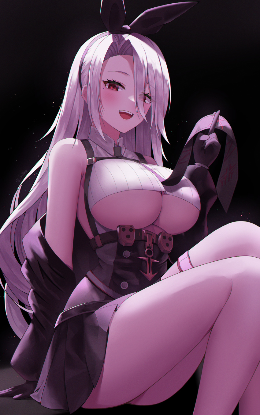 1girl absurdres arm_support azur_lane bangs bare_shoulders black_gloves black_skirt breasts clothing_cutout corset doham gloves hair_between_eyes hair_ornament hair_ribbon highres huge_filesize large_breasts long_hair looking_at_viewer mole mole_under_eye open_mouth parted_bangs prinz_heinrich_(azur_lane) red_eyes ribbon skirt thigh_strap thighs under_boob upper_teeth white_hair