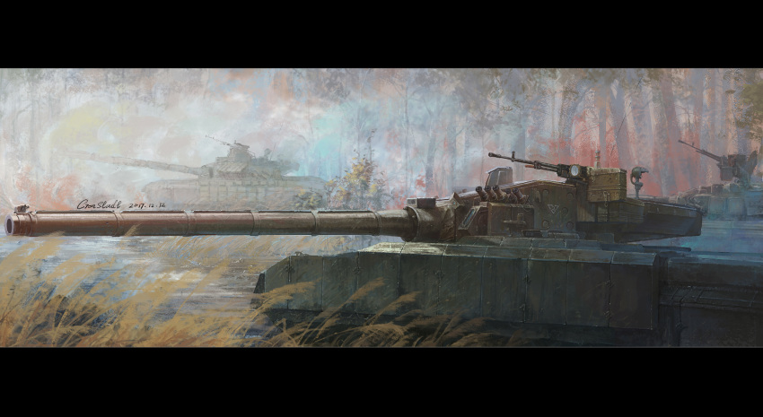 caterpillar_tracks commentary_request cronstatd dated day forest ground_vehicle gun highres machine_gun military military_vehicle motor_vehicle nature no_humans object_477 original signature t-72 tank tree weapon wetland