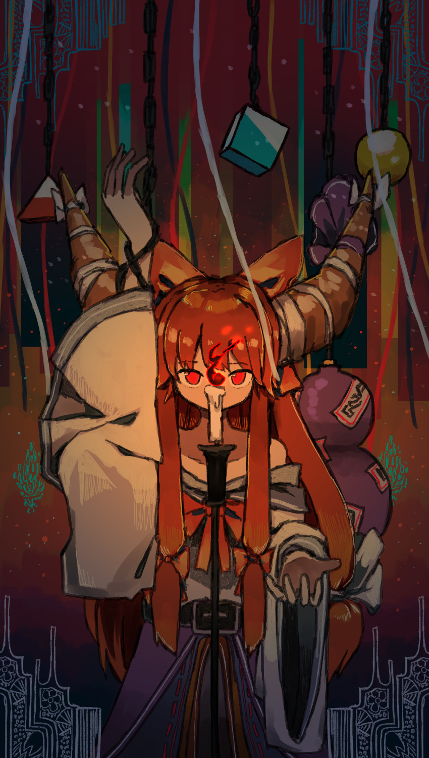 1girl absurdres adapted_costume bangs bow candle candlestand chain cube cuffs darkness fire flame gourd hair_bow hand_up highres horn_bow horn_ornament horn_ribbon horns ibuki_suika long_hair looking_at_viewer low-tied_long_hair neruzou off_shoulder oni orange_bow orange_hair pose pyramid_(geometry) ribbon shackles shirt sidelocks solo sphere touhou white_shirt wide_sleeves