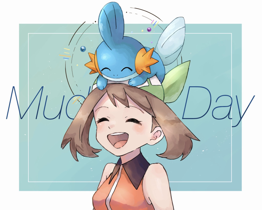 1girl bangs bare_arms blush breasts brown_hair character_name closed_eyes commentary_request etsuko_pkmn eyelashes gen_3_pokemon green_bandana highres may_(pokemon) medium_hair mudkip on_head open_mouth pokemon pokemon_(creature) pokemon_(game) pokemon_emerald pokemon_on_head pokemon_rse sleeveless smile tongue upper_body upper_teeth |d