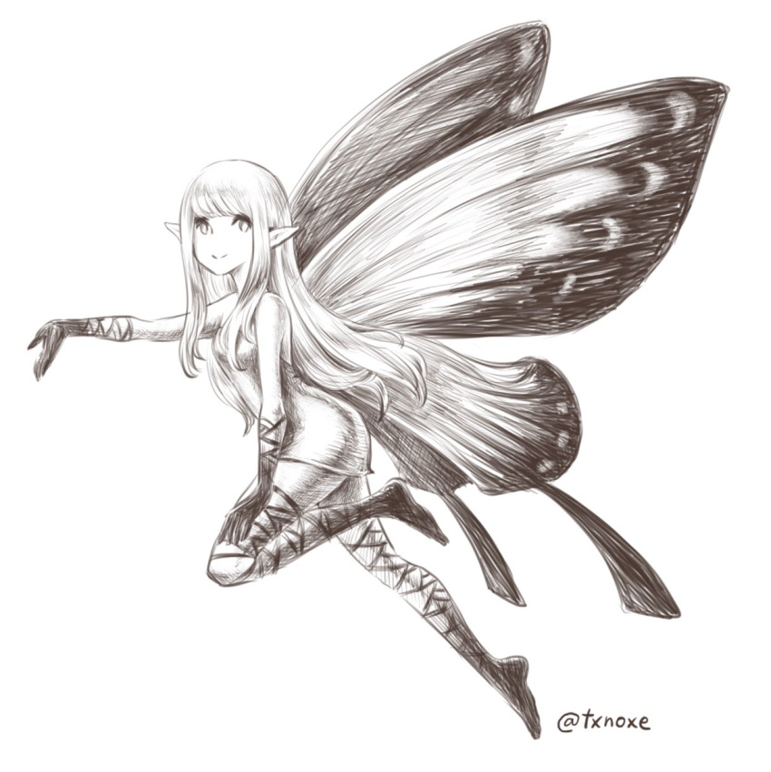 1girl aerie_(bravely_default) bare_shoulders bravely_default:_flying_fairy bravely_default_(series) butterfly_wings dress fairy from_side full_body gloves hand_on_own_thigh highres huiyuan knee_up long_hair monochrome outstretched_arm pointy_ears short_dress sketch smile solo strapless strapless_dress thigh-highs thigh_strap wings