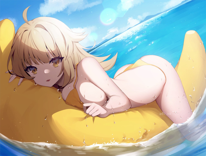 1girl ahoge ankkoyom ass banana_boat bare_arms bare_shoulders bikini blonde_hair breasts day dutch_angle highres large_breasts long_hair looking_at_viewer ocean original outdoors parted_lips smile solo string_bikini swimsuit thighs water wet yellow_bikini yellow_eyes