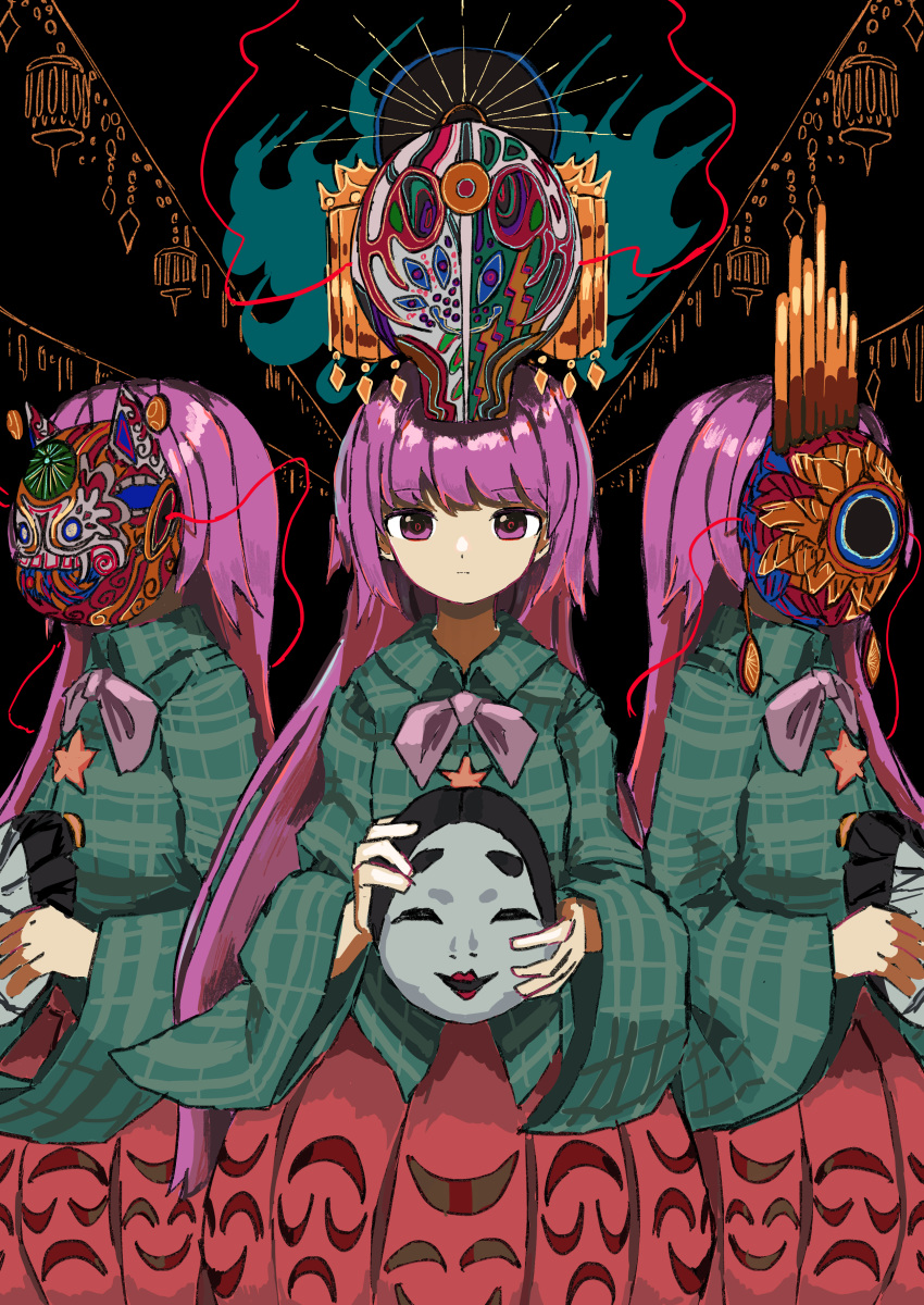 3girls absurdres bangs black_background blunt_bangs bubble_skirt buttons clone expressionless hannya hata_no_kokoro highres holding holding_mask long_hair mask multiple_girls neruzou noh_mask ornate pink_eyes pink_hair plaid plaid_shirt shirt skirt smiley_face straight_hair touhou