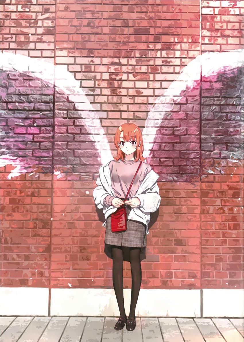 1girl bangs black_footwear black_legwear blush brick_wall brown_eyes earrings eyebrows_visible_through_hair fake_wings full_body graffiti grey_skirt hair_between_eyes highres isshiki_iroha jacket jewelry long_sleeves looking_at_viewer medium_hair off_shoulder open_clothes open_jacket orange_hair pantyhose parted_lips ponkan_8 red_bag shirt shoes skirt solo standing wall white_jacket wings yahari_ore_no_seishun_lovecome_wa_machigatteiru.