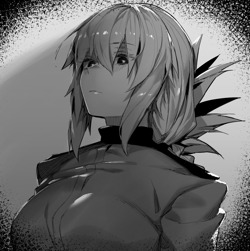 1girl absurdres bangs breasts fate/grand_order fate_(series) florence_nightingale_(fate) folded_ponytail greyscale highres hxd large_breasts long_hair long_sleeves military_jacket monochrome sidelocks