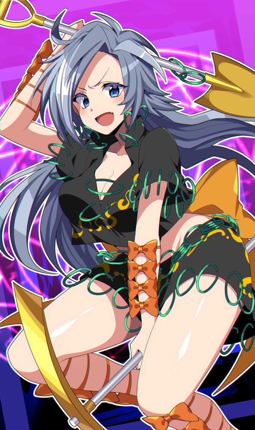 1girl absurdres ahoge ankle_bow arm_at_side arm_strap bad_feet bangs barefoot belly_chain black_shirt black_skirt blue_eyes blue_hair bow cleavage floating_hair full_body grin half-closed_eye hand_on_own_cheek hand_on_own_face hands_up head_rest highres himemushi_momoyo holding holding_shovel huge_filesize jewelry kuroshirase leg_strap leg_up long_hair midriff miniskirt orange_bow parted_bangs pickaxe raised_eyebrow ring severed_hair sharp_teeth shiny shiny_hair shirt short_sleeves shovel simple_background skirt skirt_set smile solo teeth tools touhou unconnected_marketeers uneven_eyes very_long_hair white_background wrist_bow