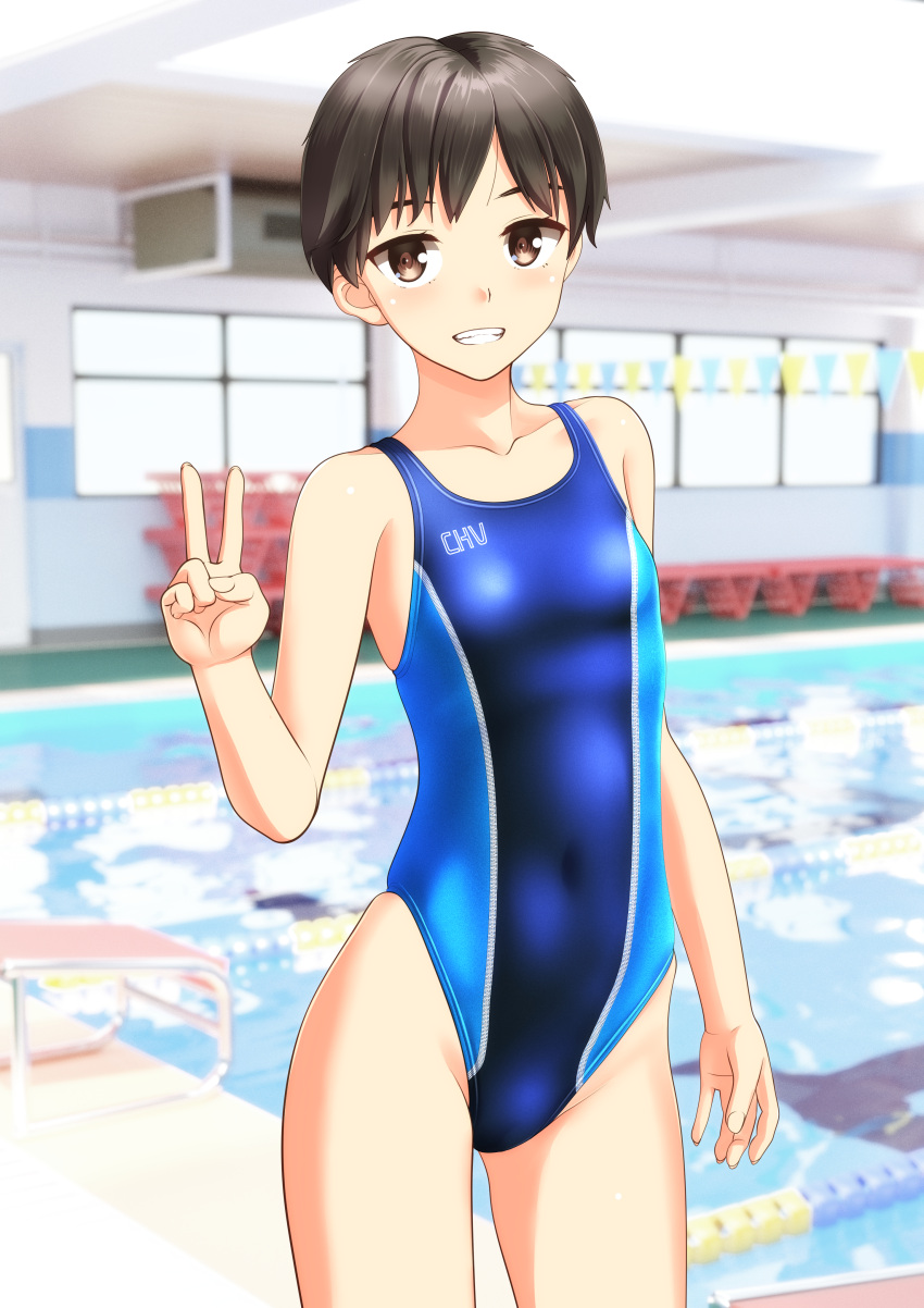 1girl absurdres black_hair blue_swimsuit breasts brown_eyes chair clothes_writing commentary_request competition_swimsuit cowboy_shot grin highres indoors looking_at_viewer lounge_chair one-piece_swimsuit original pool short_hair small_breasts smile solo swimsuit takafumi tomboy v water window