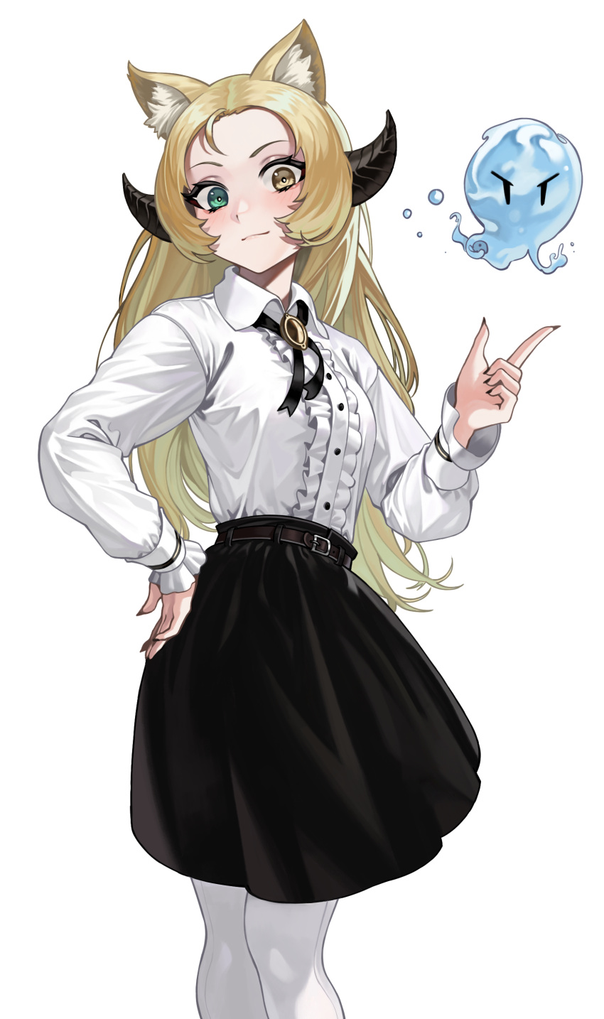 1girl absurdres animal_ear_fluff animal_ears belt black_horns black_ribbon black_skirt blonde_hair buttons cat_ears character_request closed_mouth collared_shirt commentary_request copyright_request dress_shirt formal geminingen green_eyes hand_on_hip heterochromia highres horns korean_commentary long_hair long_sleeves looking_at_viewer neck_ribbon ribbon shirt shirt_tucked_in simple_background skirt smile solo water white_background white_legwear white_shirt yellow_eyes