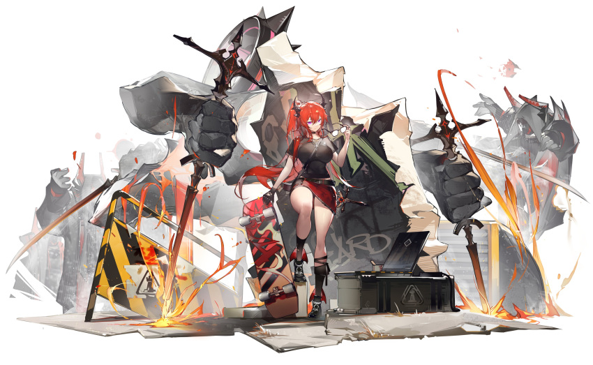 1girl absurdres arknights bangs black_footwear black_gloves black_legwear black_shirt breasts chinese_commentary commentary_request full_body gloves hair_between_eyes highres horns large_breasts long_hair looking_at_viewer miniskirt official_alternate_costume pencil_skirt red_skirt redhead shirt shoes short_sleeves skateboard skirt solo surtr_(arknights) surtr_(liberte_echec)_(arknights) sword thighs very_long_hair violet_eyes weapon yushi_quetzalli
