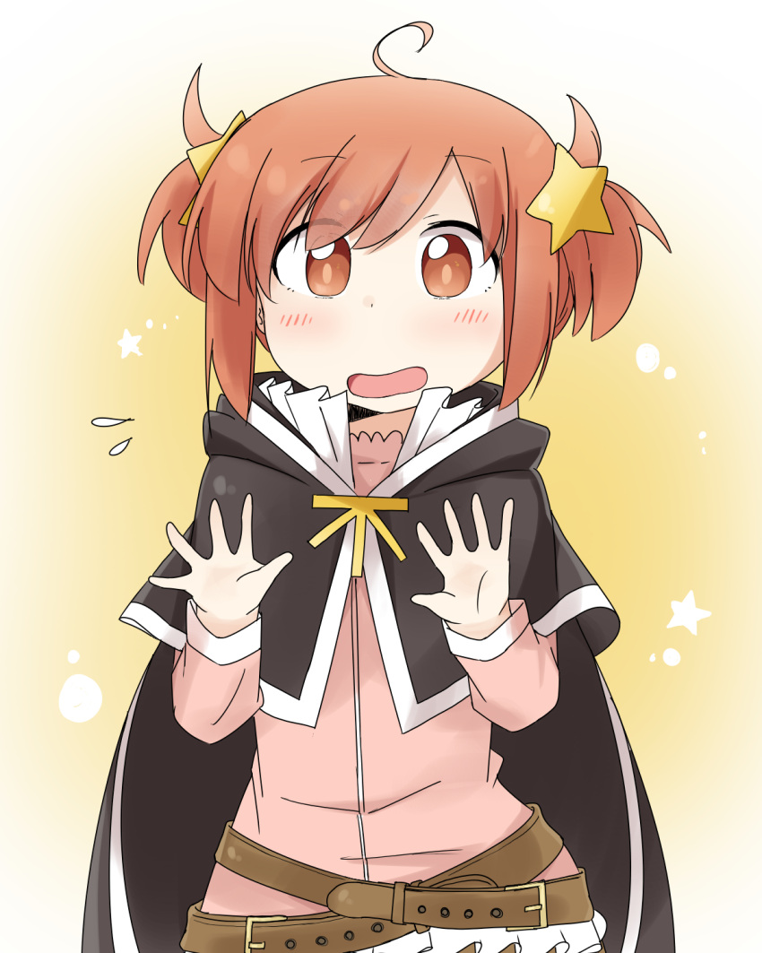 1girl ahoge bangs belt black_cape blush brown_belt cape collar commentary_request dash_b eyebrows_visible_through_hair gradient gradient_background hair_ornament hands_up highres kirara_(kirara_fantasia) kirara_fantasia light_brown_eyes light_brown_hair long_sleeves looking_at_viewer open_hands open_mouth pink_shirt shirt short_hair short_twintails simple_background solo star_(symbol) star_hair_ornament twintails upper_body white_collar