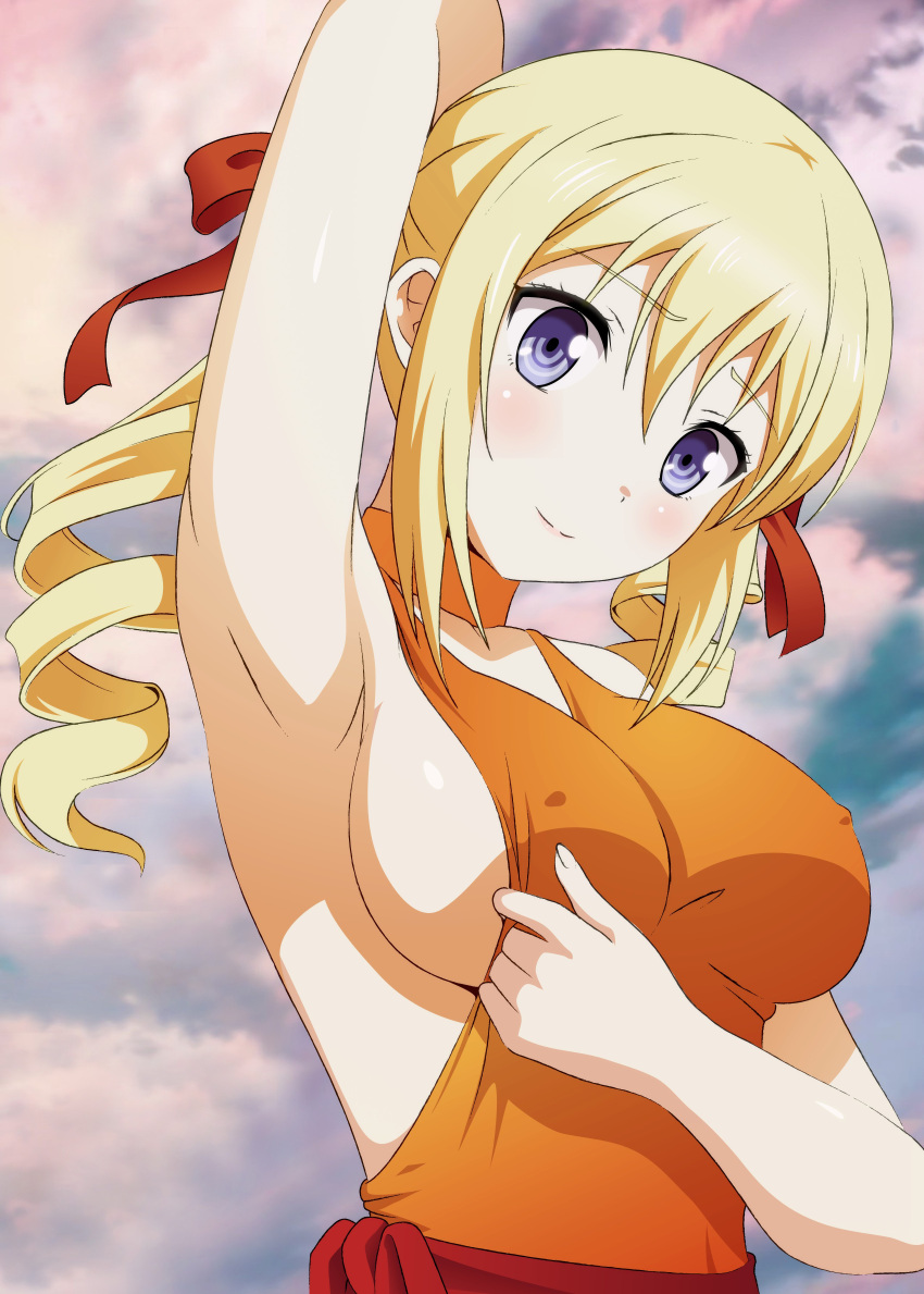 1girl absurdres angelina_kudou_shields arm_up armpits backless_dress backless_outfit bangs blonde_hair breasts closed_mouth clouds commentary_request covered_nipples dress drill_hair eyebrows_visible_through_hair hair_between_eyes hair_ribbon head_tilt highres looking_at_viewer mahouka_koukou_no_rettousei medium_breasts medium_hair orange_dress pasya-pasya red_ribbon ribbon sideboob sidelocks sky smile solo twin_drills twintails violet_eyes