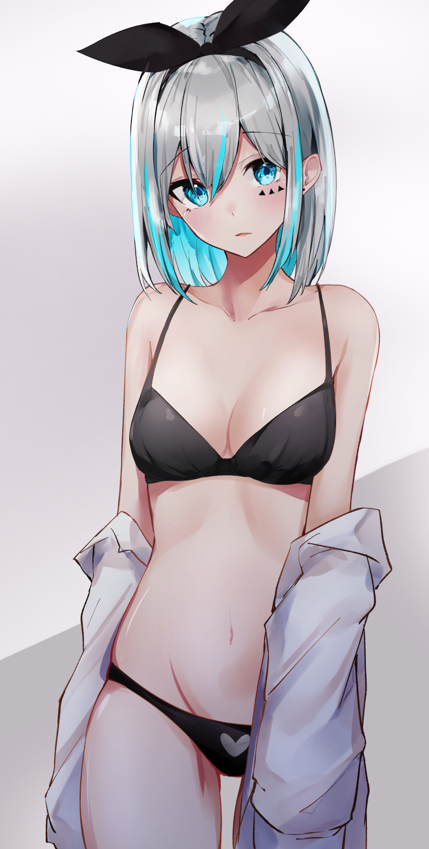 1girl absurdres bare_shoulders black_bra black_panties black_ribbon blue_hair bra breasts clothes_down collarbone colored_inner_hair commentary_request copyright_request cowboy_shot grey_hair hair_ribbon hairband highres medium_breasts medium_hair multicolored_hair nanashinayuzu_mochi navel open_clothes open_shirt panties ribbon shirt solo standing stomach two-tone_background underwear white_shirt