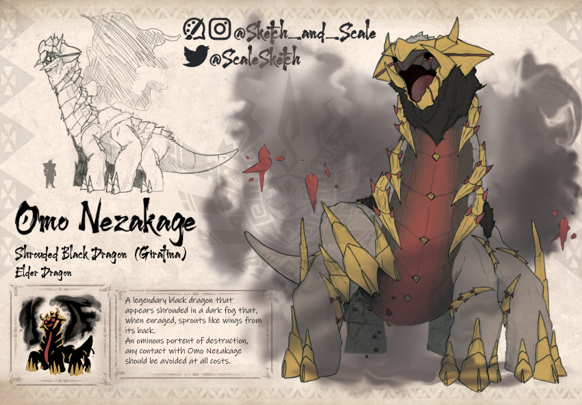 absurdres black_sclera character_name colored_sclera commentary english_commentary english_text full_body gen_4_pokemon giratina giratina_(altered) highres instagram_logo instagram_username legendary_pokemon looking_at_viewer monster_hunter_(series) open_mouth pokemon pokemon_(creature) red_eyes sketch_and_scale standing tongue twitter_logo twitter_username