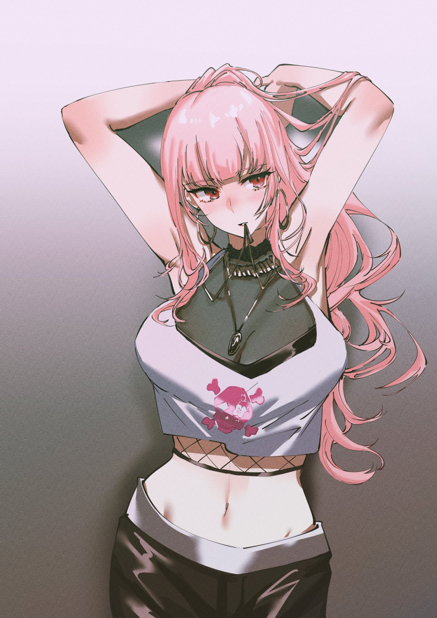 1girl armpits arms_up breasts crop_top earrings gold highres hololive hololive_english jewelry midriff mori_calliope navel pants pink_hair ponytail red_eyes set7 skull_and_crossbones virtual_youtuber