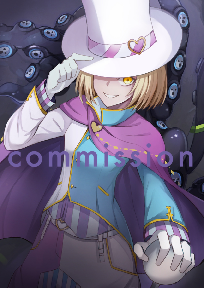 1boy absurdres akiba's_beat blonde_hair cape evil_smile hat heart heart_necklace highres holding holding_clothes holding_hat kanon_(akiba's_beat) namakisama nyarlathotep_(persona_2) persona persona_2 pink_cape short_hair smile tentacles white_headwear
