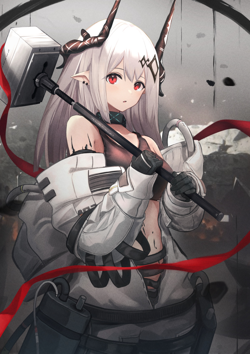 1girl arknights bangs bare_shoulders black_gloves breasts coat commentary_request cowboy_shot crop_top ear_piercing gloves hair_ornament hammer highres holding holding_hammer horns long_hair long_sleeves looking_at_viewer medium_breasts mudrock_(arknights) nokke_o off_shoulder pants piercing pointy_ears red_eyes red_ribbon ribbon solo sports_bra standing white_coat white_hair white_pants