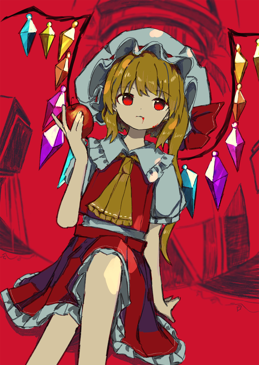 1girl apple arm_support ascot blonde_hair blood blood_from_mouth bow closed_mouth crossed_legs crystal empty_eyes flandre_scarlet food frilled_shirt_collar frilled_skirt frilled_sleeves frills fruit hat hat_bow highres holding holding_food holding_fruit mob_cap neruzou puffy_short_sleeves puffy_sleeves red_background red_bow red_eyes red_skirt red_vest shirt short_hair short_sleeves side_ponytail sitting skirt skirt_set touhou vest white_shirt wings yellow_neckwear