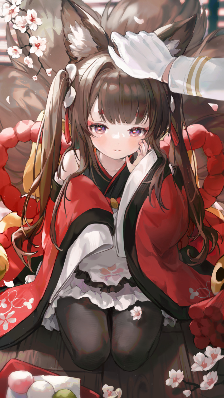 1girl absurdres amagi-chan_(azur_lane) animal_ears azur_lane bangs bare_shoulders bibimbub black_legwear blush brown_hair commentary dango eyebrows_visible_through_hair flower food fox_ears fox_girl fox_tail gloves hand_on_own_cheek hand_on_own_face hand_up headpat highres japanese_clothes kimono kyuubi long_hair long_sleeves looking_at_viewer multiple_tails off-shoulder_kimono pantyhose red_kimono rope seiza shimenawa short_eyebrows sitting sleeves_past_fingers sleeves_past_wrists smile solo_focus symbol_commentary tail thick_eyebrows twintails violet_eyes wagashi white_flower white_gloves wide_sleeves