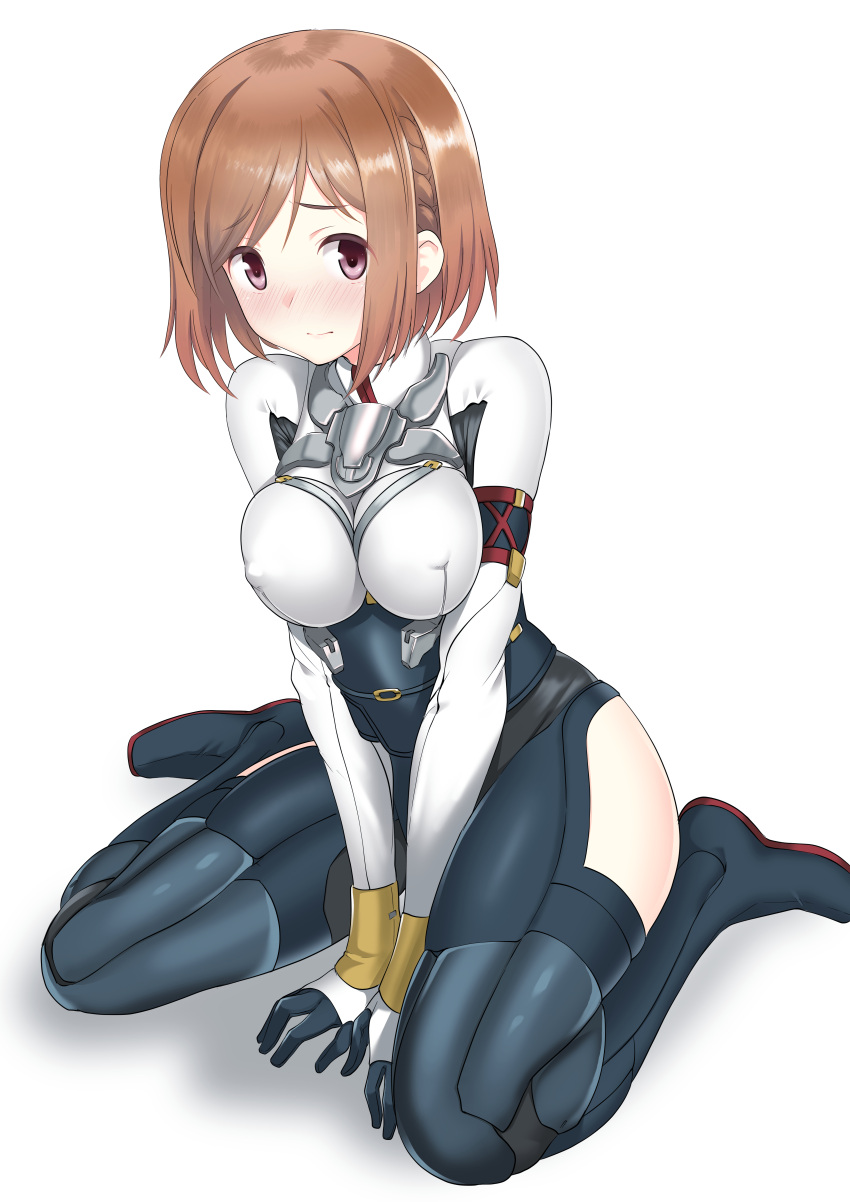 1girl a9b_(louis814) absurdres alice_gear_aegis bangs black_bodysuit blush bob_cut bodysuit braid breasts brown_hair closed_mouth frown highres impossible_bodysuit impossible_clothes looking_at_viewer medium_breasts shadow short_hair sitting solo sutegoro_shiina swept_bangs v_arms violet_eyes wariza white_background