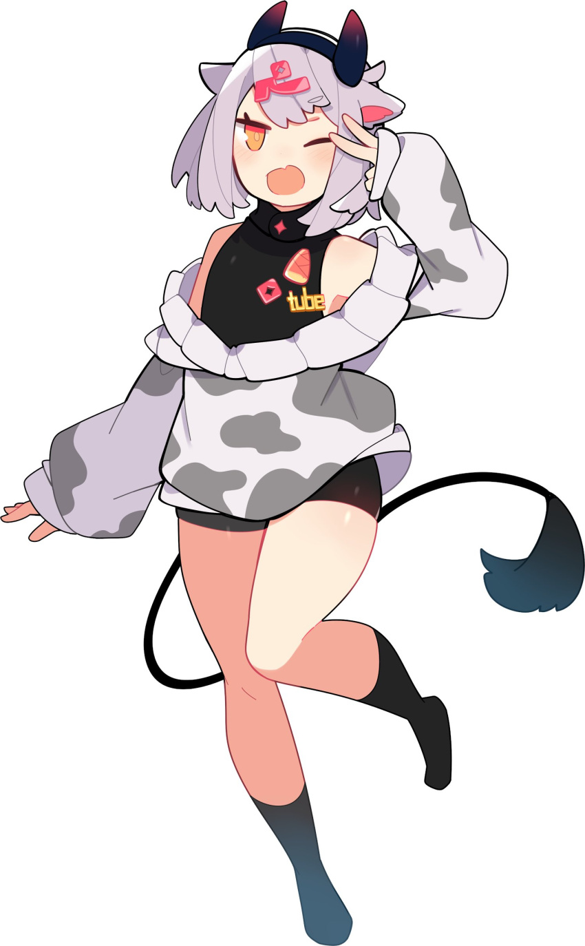 absurdres animal_ears animal_print cow_ears cow_girl cow_horns cow_print cow_tail fang full_body hair_ornament highres horns indie_virtual_youtuber meushi_(pepekekeko) off_shoulder one_eye_closed open_mouth orange_eyes original pekeko_(pepekekeko) purple_hair skin_fang sleeves_past_wrists tail v