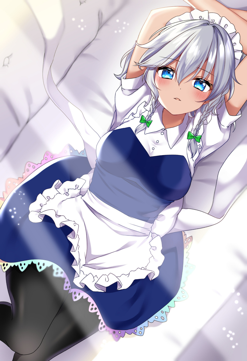 1girl absurdres apron arms_up black_legwear blue_eyes blue_skirt blush bow braid commentary_request hair_bow highres izayoi_sakuya looking_at_viewer lying maid_headdress on_back pantyhose parted_lips partial_commentary shiki_(s1k1xxx) short_sleeves side_braids silver_hair skirt solo touhou twin_braids unconnected_marketeers waist_apron waist_bow