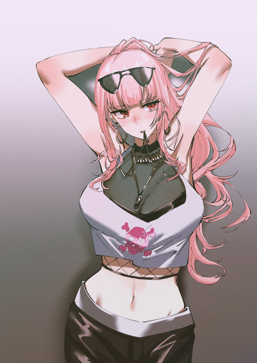 1girl absurdres armpits arms_up breasts crop_top earrings gold highres hololive hololive_english jewelry midriff mori_calliope navel pants pink_hair ponytail red_eyes set7 skull_and_crossbones virtual_youtuber