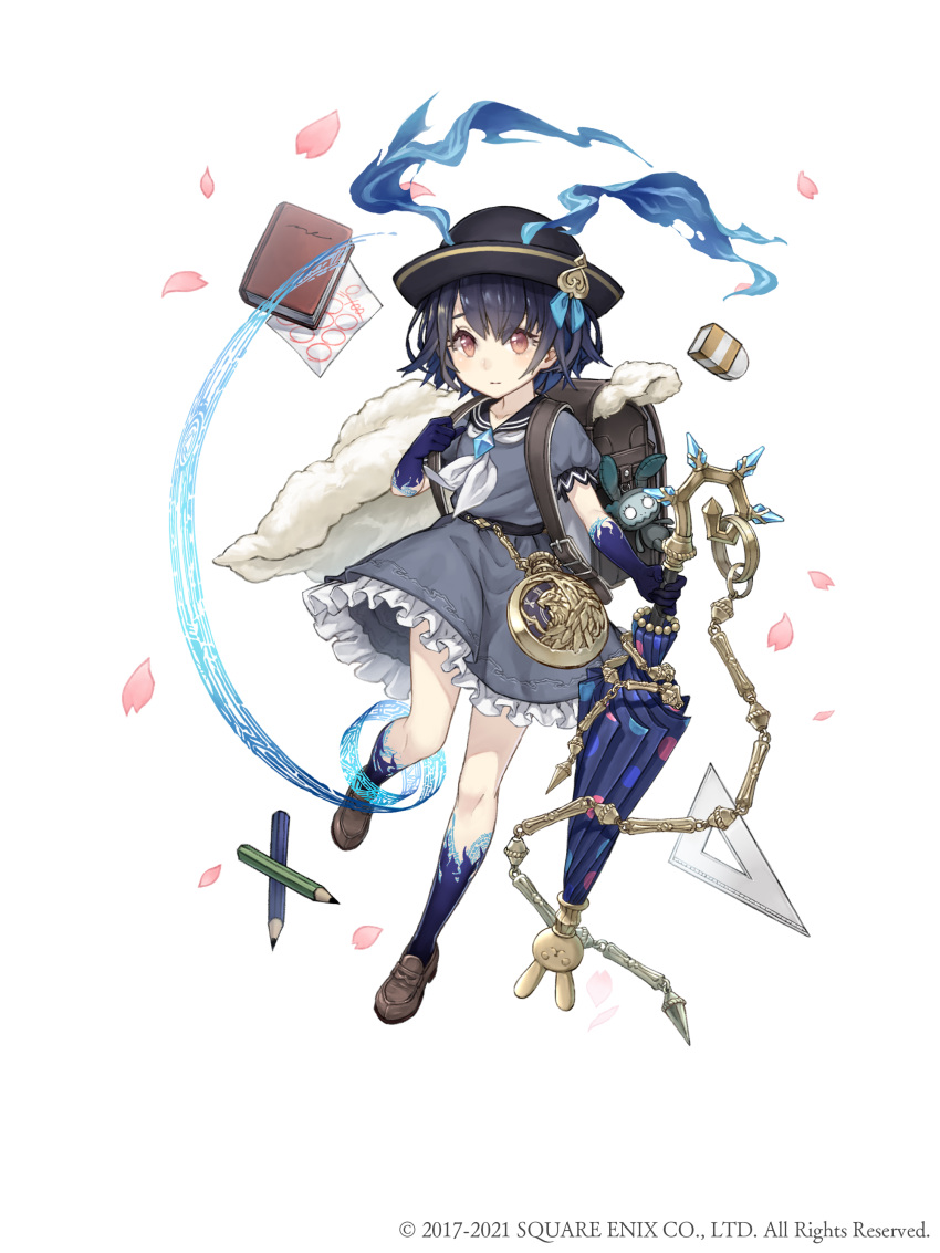 1girl absurdres alice_(sinoalice) arm_tattoo bag chain child dark_blue_hair dress eraser frilled_dress frills full_body hat highres ji_no kindergarten_bag leg_tattoo loafers looking_at_viewer notebook official_art pencil petals pocket_watch red_eyes school_hat shoes short_hair sinoalice solo square_enix tattoo umbrella watch white_background younger