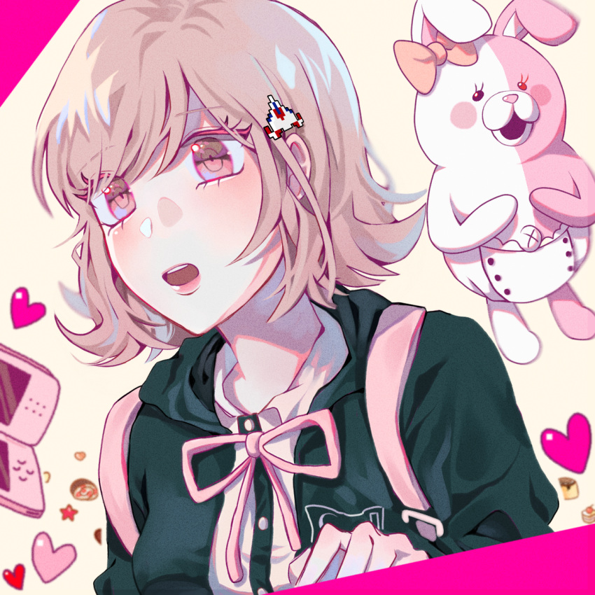 1girl backpack bag black_shirt blush bnags breasts collared_shirt commentary_request dangan_ronpa_(series) dangan_ronpa_2:_goodbye_despair diaper dress_shirt ear_bow eyebrows_visible_through_hair flipped_hair hair_ornament hairclip handheld_game_console heart highres jey_(j3y) light_brown_hair medium_breasts medium_hair monomi_(dangan_ronpa) nanami_chiaki open_mouth pink_eyes pink_ribbon ribbon shiny shiny_hair shirt spaceship_hair_ornament upper_body white_shirt