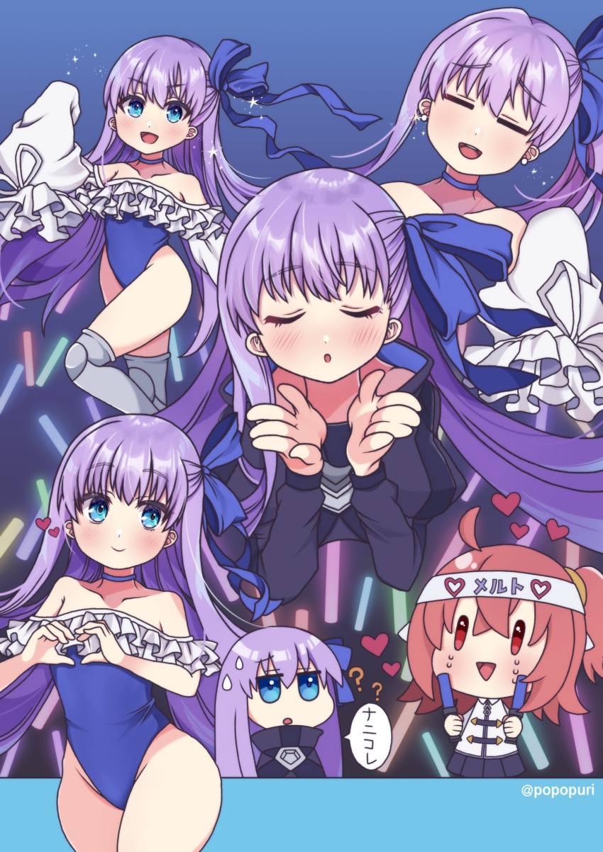 3girls :d :o ? ahoge bangs black_jacket black_skirt blue_eyes blue_swimsuit blush brown_hair chaldea_uniform closed_eyes collarbone commentary_request eyebrows_visible_through_hair fate/grand_order fate_(series) frilled_swimsuit frills fujimaru_ritsuka_(female) glowstick hair_between_eyes headband heart highres holding jacket juliet_sleeves long_hair long_sleeves meltryllis_(fate) meltryllis_(swimsuit_lancer)_(fate) multiple_girls multiple_views off-shoulder_swimsuit off_shoulder one_side_up open_mouth parted_lips pleated_skirt popo_(popopuri) puffy_long_sleeves puffy_sleeves purple_hair red_eyes skirt sleeves_past_fingers sleeves_past_wrists smile sweatdrop swimsuit translation_request twitter_username umamusume uniform very_long_hair white_jacket