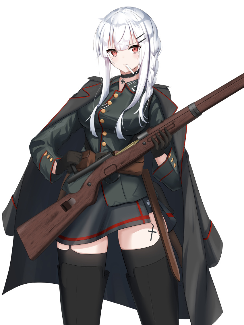 1girl absurdres assault_rifle black_choker black_coat black_gloves black_jacket black_legwear black_skirt bolt_action braid breasts choker cigarette_pack coat coat_on_shoulders cross cross_choker eyebrows_visible_through_hair feet_out_of_frame girls_frontline gloves gun highres holding holding_weapon holster jacket kar98az_(girls_frontline)_(rynn_cube) kar98k_(girls_frontline) long_hair looking_at_viewer mauser_98 medium_breasts military military_uniform mole mole_under_eye open_clothes open_coat original red_eyes rifle rynn_(rynn_cube) silver_hair skirt solo standing thigh-highs uniform weapon white_background white_hair