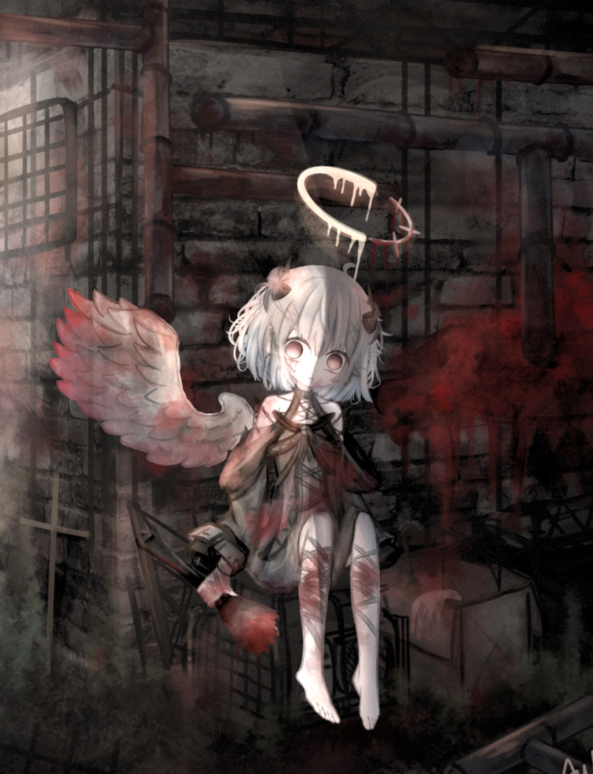 1girl ahoge aiu_. angel angel_wings bandaged_leg bandages bangs bare_shoulders barefoot black_bow blood blood_on_clothes blood_on_leg blood_on_wall bloody_wings bow box brick_wall cardboard_box choker dark dress empty_eyes expressionless grey_dress grey_eyes grey_hair hair_between_eyes hair_bow halo highres holding indoors looking_at_viewer no_nose original pipes ribbon short_hair signature single_wing sitting solo tears white_hair wings