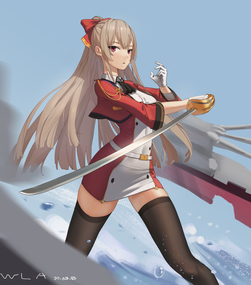 1girl 2054500624 absurdres ascot azur_lane bangs belt black_legwear blue_background blurry bow buttons commentary_request depth_of_field eyebrows_visible_through_hair fighting_stance gloves hair_between_eyes hair_bow hair_ribbon highres holding holding_sword holding_weapon long_hair looking_at_viewer machinery ponytail red_eyes ribbon sidelocks signature silver_hair simple_background solo swiftsure_(azur_lane) sword thigh-highs turret water_drop weapon white_gloves zettai_ryouiki