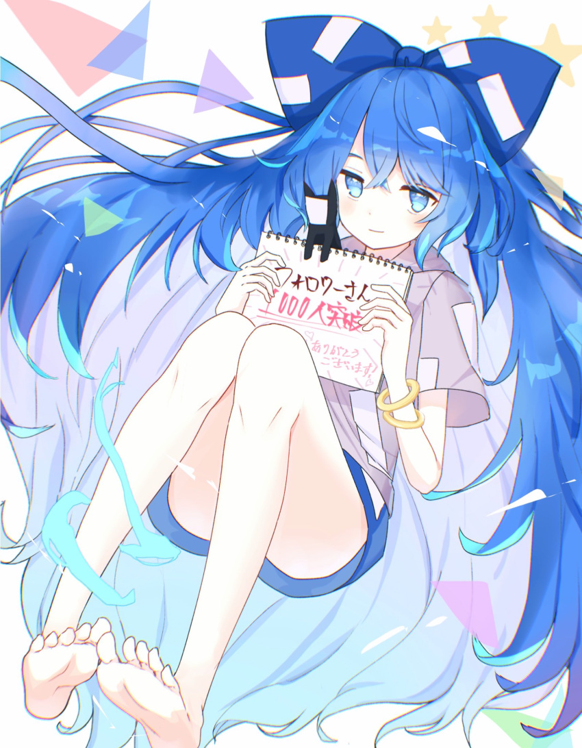 1girl bangle bare_legs barefoot blue_bow blue_eyes blue_hair blue_skirt bow bracelet feet grey_hoodie hair_bow highres holding holding_sign hood hoodie jewelry long_hair looking_at_viewer nyanaya sign simple_background skirt smile solo thighs touhou translation_request triangle very_long_hair yorigami_shion