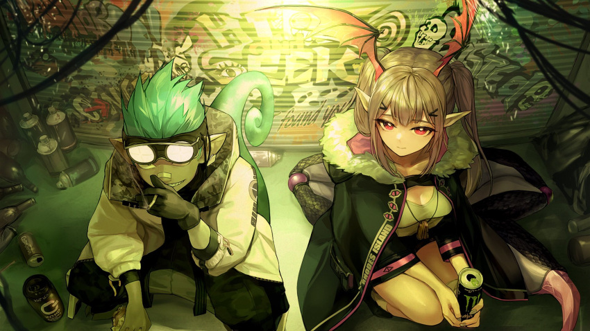 1boy 1girl aqua_hair arknights bandaid bandaid_on_nose black_gloves can chameleon_tail cigarette colored_skin commentary dog_tags ethan_(arknights) from_above gloves goggles goggles_on_head graffiti grey_skin grin head_wings highres ink. jacket long_hair looking_at_viewer manticore_(arknights) monster_energy pink_eyes pointy_ears purple_hair scorpion_tail single_glove smile smoking soda_can spray_paint squatting tail twintails