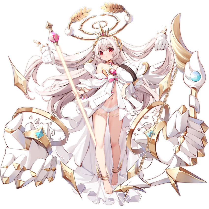 1girl ankleband bangs bare_legs bare_shoulders barefoot bow_(weapon) commentary crown disembodied_limb dress eyebrows_visible_through_hair full_body halo highres holding holding_bow_(weapon) holding_hair holding_staff holding_weapon laurel_crown long_hair midriff nahaki navel original panties see-through solo staff stomach underwear very_long_hair weapon white_background white_dress white_hair white_panties wristband