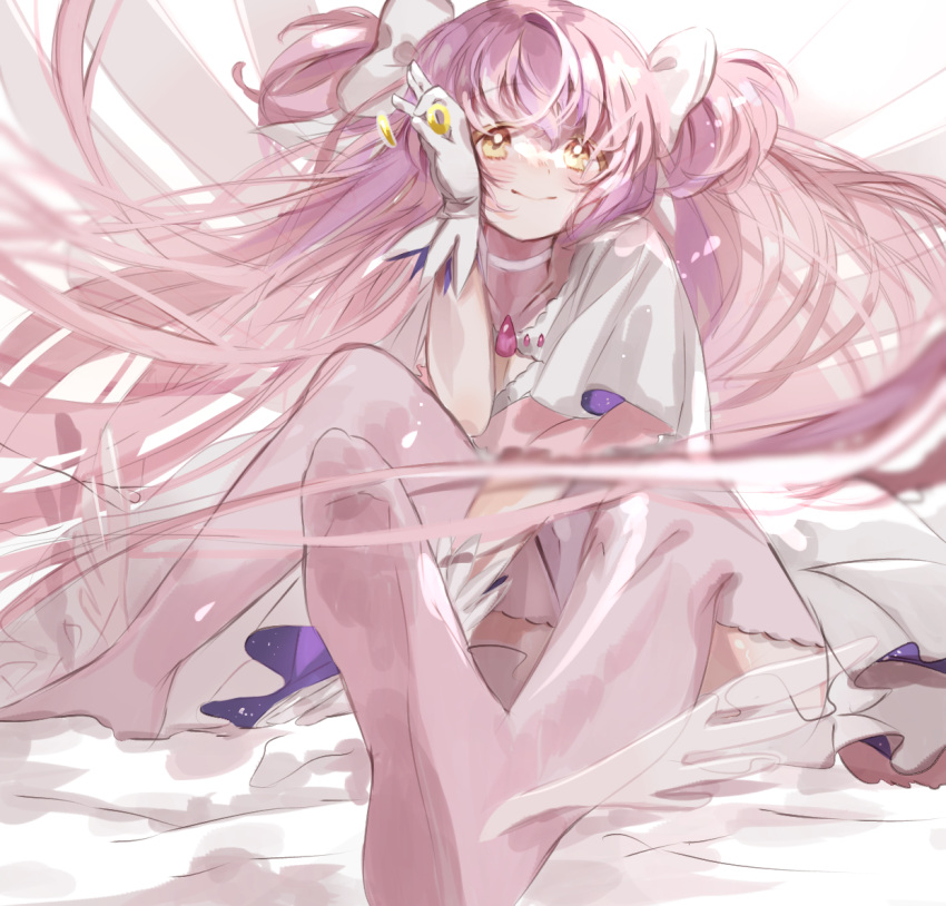 1girl absurdly_long_hair arm_support between_legs blurry choker closed_mouth clothing_cutout collarbone depth_of_field dot_nose elbow_rest eyebrows_visible_through_hair floating_hair full_body gloves goddess_madoka hair_ribbon hand_between_legs hand_up happy kaname_madoka knees_up light_blush long_hair looking_at_viewer mahou_shoujo_madoka_magica number on_floor pink_hair pink_legwear pink_theme ramune_(yurikoppe0202) ribbon shiny shiny_hair simple_background sitting smile soles solo straight_hair tareme thigh-highs transparent_wings two_side_up very_long_hair white_background white_choker white_gloves white_ribbon wide_sleeves wings yellow_eyes zettai_ryouiki