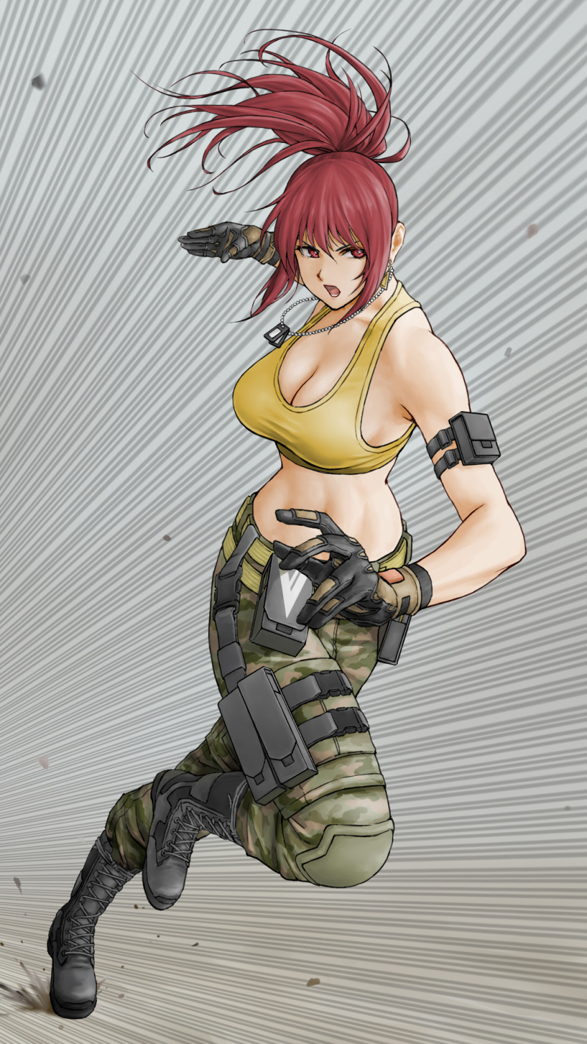 1girl abs ammunition_pouch armlet bare_shoulders belt biceps breasts camouflage camouflage_pants dark_persona dog_tags earrings eyes gloves highres jewelry leona_heidern midriff military military_uniform orochi_leona pants ponytail pouch red_eyes redhead sleeveless solo tank_top the_king_of_fighters the_king_of_fighters_xiv the_king_of_fighters_xv triangle_earrings uniform x_chitch yellow_tank_top
