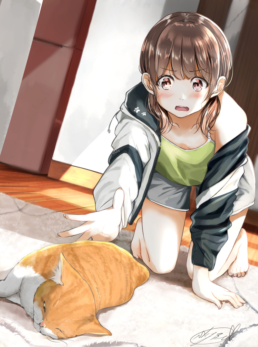 1girl all_fours bare_legs barefoot blush brown_eyes brown_hair camisole cat collarbone commentary_request dutch_angle green_camisole grey_shorts highres hood hoodie indoors looking_down open_mouth original outstretched_hand rug short_hair shorts signature solo soragane_(banisinngurei) two-tone_hoodie upper_teeth wooden_floor