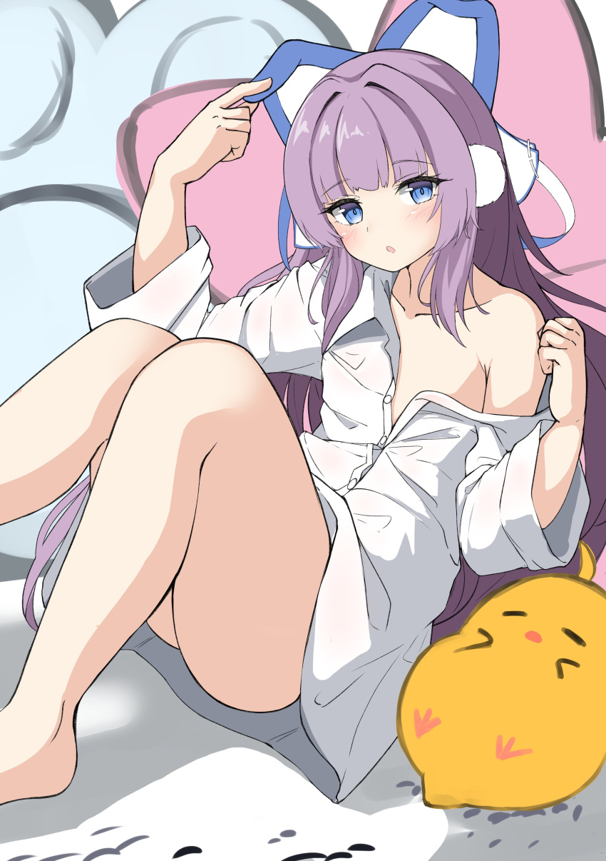1girl :o absurdres animal arm_up azur_lane bangs bare_shoulders bird blue_eyes blush chick collared_shirt commentary_request dress_shirt eyebrows_visible_through_hair feet_out_of_frame hand_up highres knees_together_feet_apart knees_up long_hair long_sleeves looking_at_viewer manjuu_(azur_lane) moyoron naked_shirt off_shoulder parted_lips purple_hair shirt solo tashkent_(azur_lane) very_long_hair white_shirt