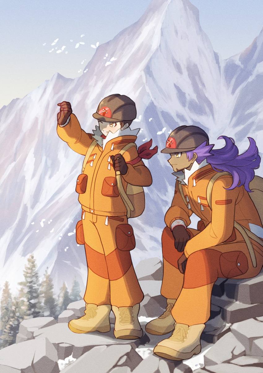 2boys amakara000 arm_ribbon backpack bag boots brown_eyes brown_gloves brown_hair brown_headwear closed_mouth dark_skin dark_skinned_male day expedition_uniform facial_hair gloves helmet highres holding_strap jacket leon_(pokemon) long_hair long_sleeves male_focus multiple_boys one_eye_closed orange_jacket orange_pants outdoors parted_lips pokemon pokemon_(game) pokemon_swsh purple_hair red_ribbon ribbon sitting sky smile symbol_commentary tree victor_(pokemon)