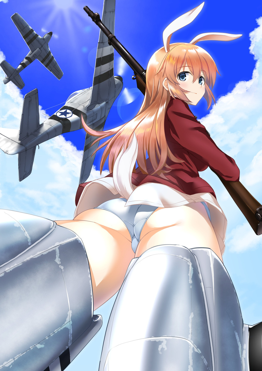 1girl a9b_(louis814) above_clouds absurdres animal_ears ass bangs blue_eyes blue_sky bunny_tail charlotte_e._yeager closed_mouth clouds commentary crotch_seam eyebrows_visible_through_hair flying foreshortening from_behind gun highres holding holding_gun holding_weapon jacket lens_flare long_hair long_sleeves looking_at_viewer looking_back military military_uniform motion_blur no_pants orange_hair p-51_mustang panties rabbit_ears red_jacket rifle roundel shirt sky smile solo strike_witches striker_unit tail underwear uniform weapon white_panties white_shirt world_witches_series
