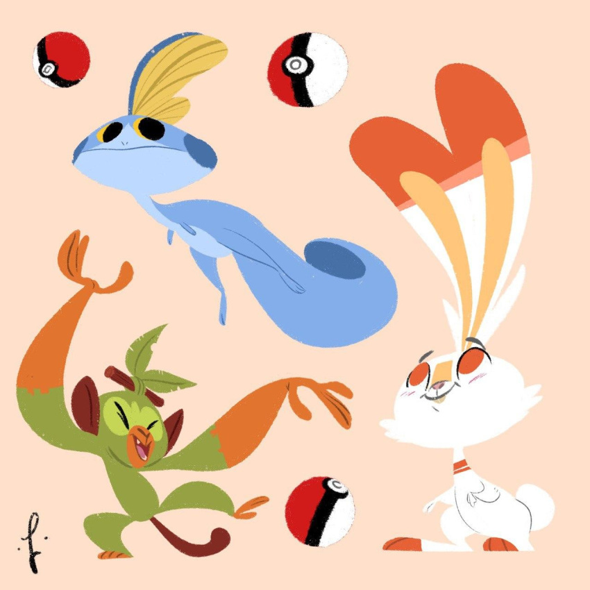 abstract closed_eyes closed_mouth fins gen_8_pokemon grookey highres leaf looking_at_another lorenzocolangeli open_mouth poke_ball pokemon pokemon_(creature) scorbunny signature simple_background sobble standing swimming tail teeth