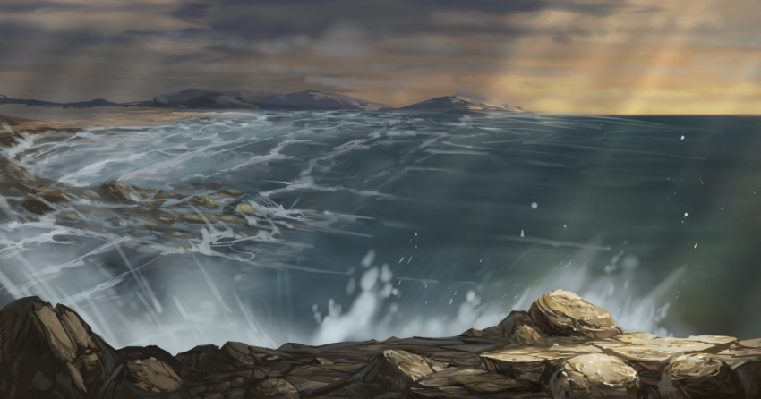 cliff clouds cloudy_sky commentary_request horizon mountain no_humans ocean ori_(momonimo) original outdoors scenery sky splashing sunset water waves