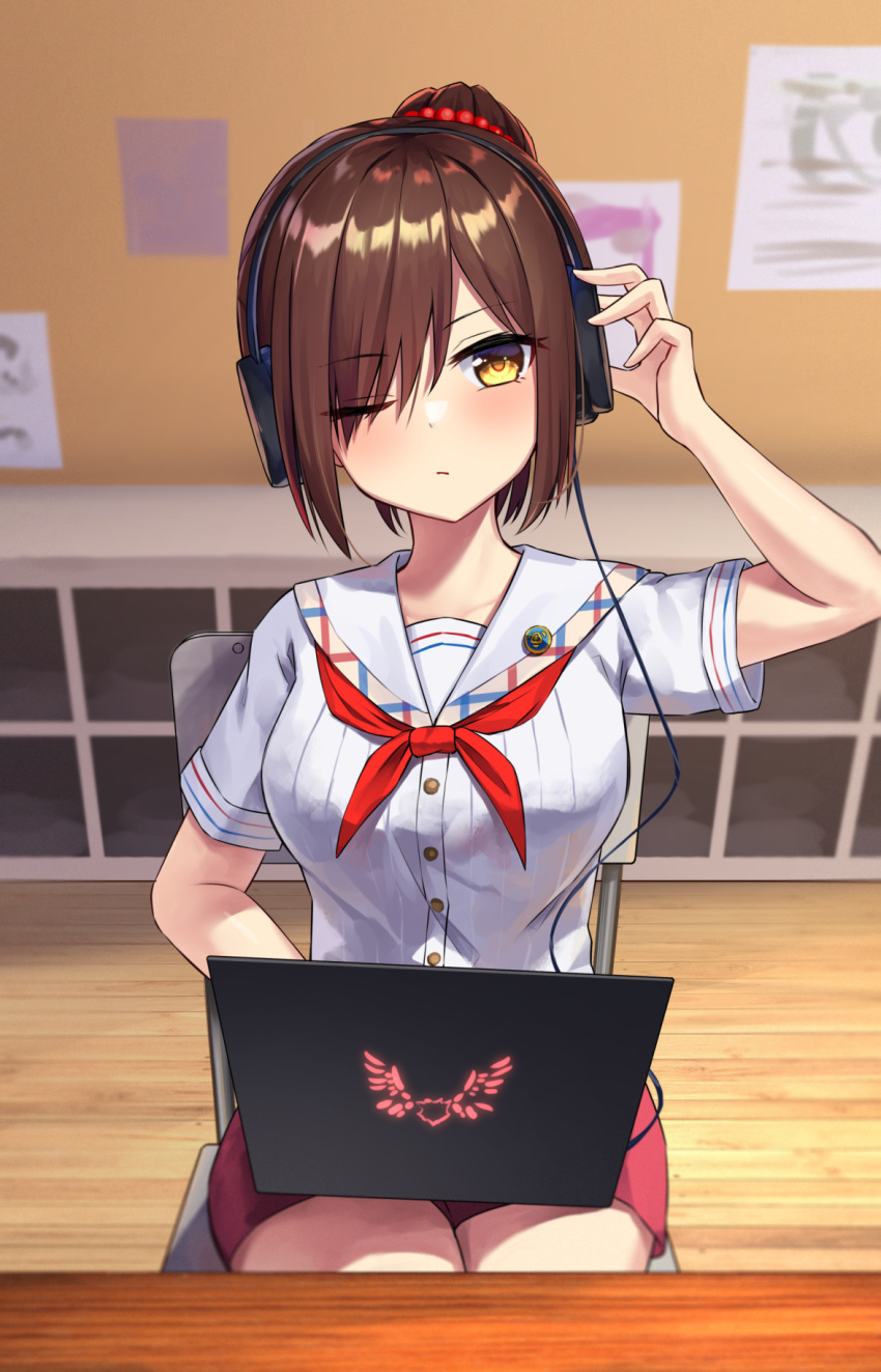 1girl blush brown_hair collared_shirt commentary_request commission computer eyebrows_visible_through_hair hand_up headphones highres laptop looking_at_viewer nazuna_(nazuna_a2) nukigee_mitai_na_shima_ni_sunderu_watashi_wa_dou_surya_ii_desu_ka? one_eye_closed red_neckwear red_skirt shirt short_hair short_sleeves sitting skeb_commission skirt solo tachibana_asane white_shirt yellow_eyes