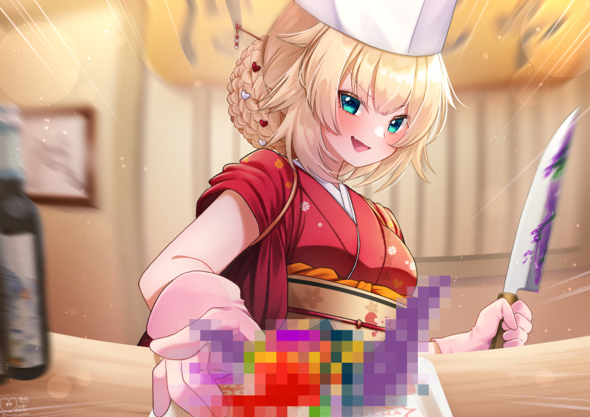 1girl :d akai_haato aqua_eyes bangs blonde_hair blurry blurry_background blush breasts censored censored_food commentary_request earrings eyebrows_visible_through_hair fang floral_print gloves hair_ornament heart heart_hair_ornament highres holding holding_knife hololive indoors japanese_clothes jewelry kimono knife long_hair looking_at_viewer magowasabi motion_blur motion_lines obi open_mouth pink_gloves red_kimono sash signature skin_fang sleeves_pushed_up smile solo table tied_hair twitter_username upper_body virtual_youtuber white_headwear