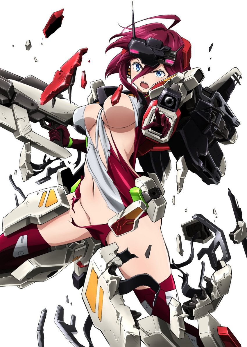 1girl ahoge arm_cannon armor blue_eyes breasts convenient_censoring damaged floating_hair gloves gun highres holding holding_gun holding_weapon kumichou_(ef65-1118-ef81-95) mecha_musume medium_breasts navel open_hand open_mouth original red_gloves redhead science_fiction short_hair solo thigh-highs torn_clothes v-shaped_eyebrows weapon white_background