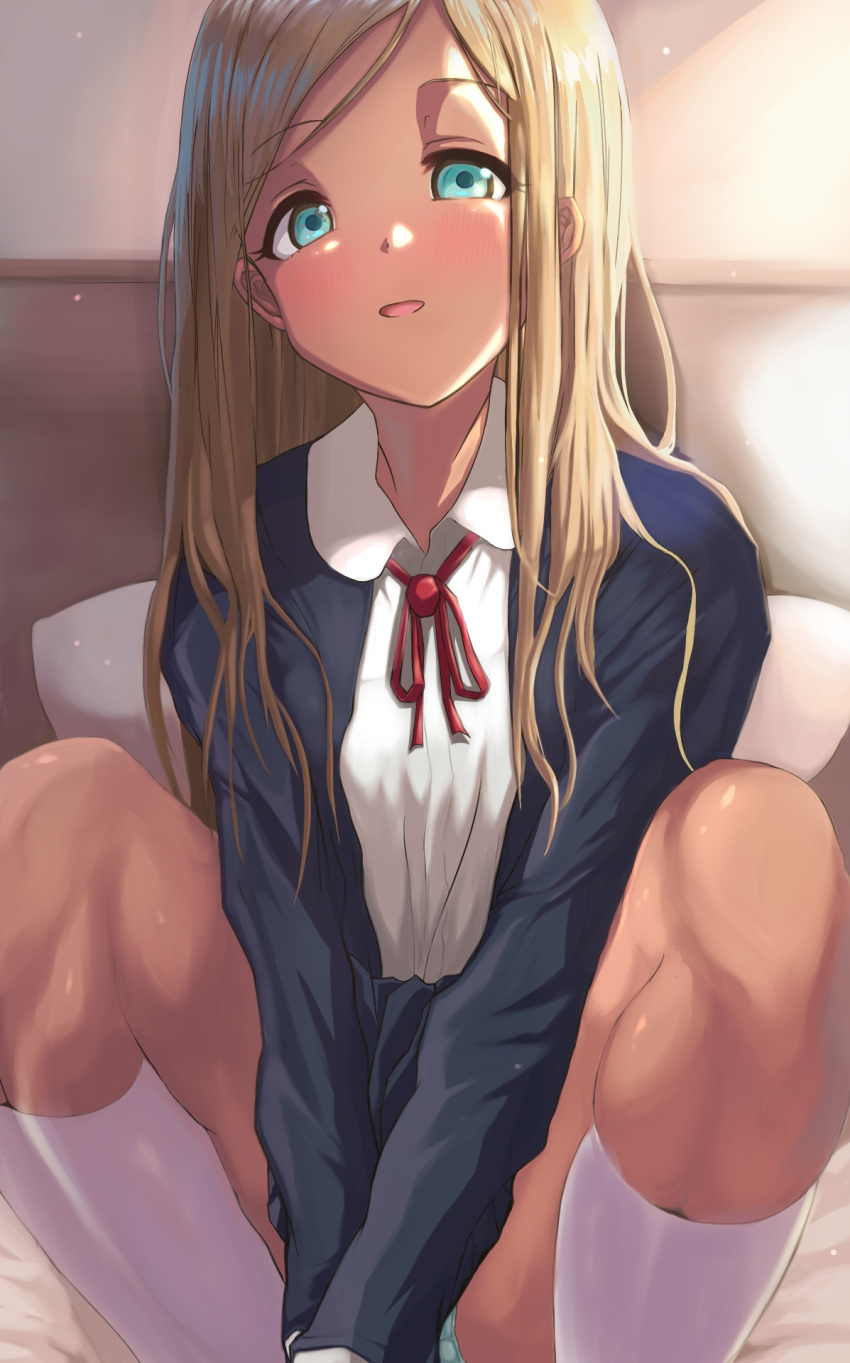 aqua_eyes arms_between_legs bangs bed bed_sheet black_jacket black_skirt blonde_hair collared_shirt commentary_request dark_skin dark-skinned_female eyebrows_visible_through_hair green_panties gyaru highres idolmaster indoors jacket kneehighs layla_(idolmaster) long_hair long_sleeves looking_at_viewer open_mouth panties panty_peek pillow school_uniform shirt skirt smile squatting swept_bangs thighs toho_(kihon_ha_yappa) underwear uniform white_legwear white_shirt